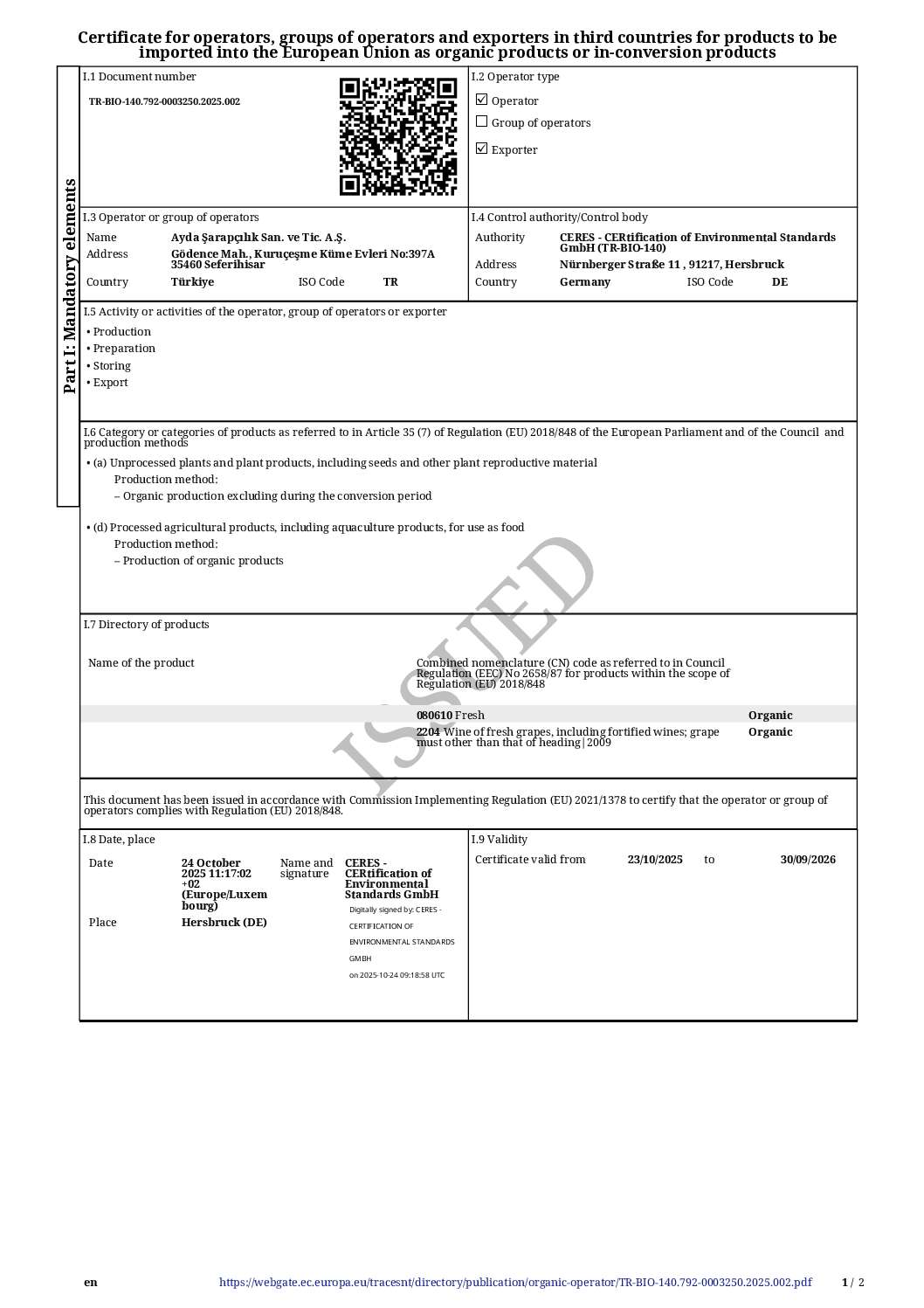EU Organic BIO Certificate